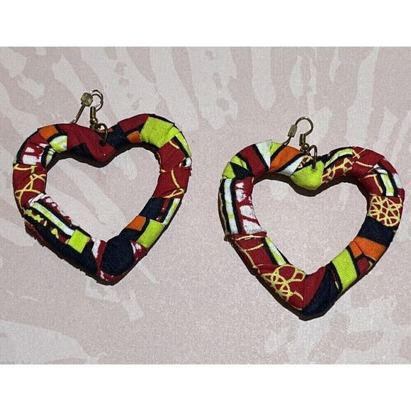 Vintage Womens Handmade Fabric Heart Dangle Earrings Large 80s Punk Rave - Picture 1 of 8